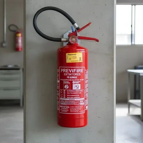 Extintor de pó químico instalado na parede com suporte e lacre visíveis